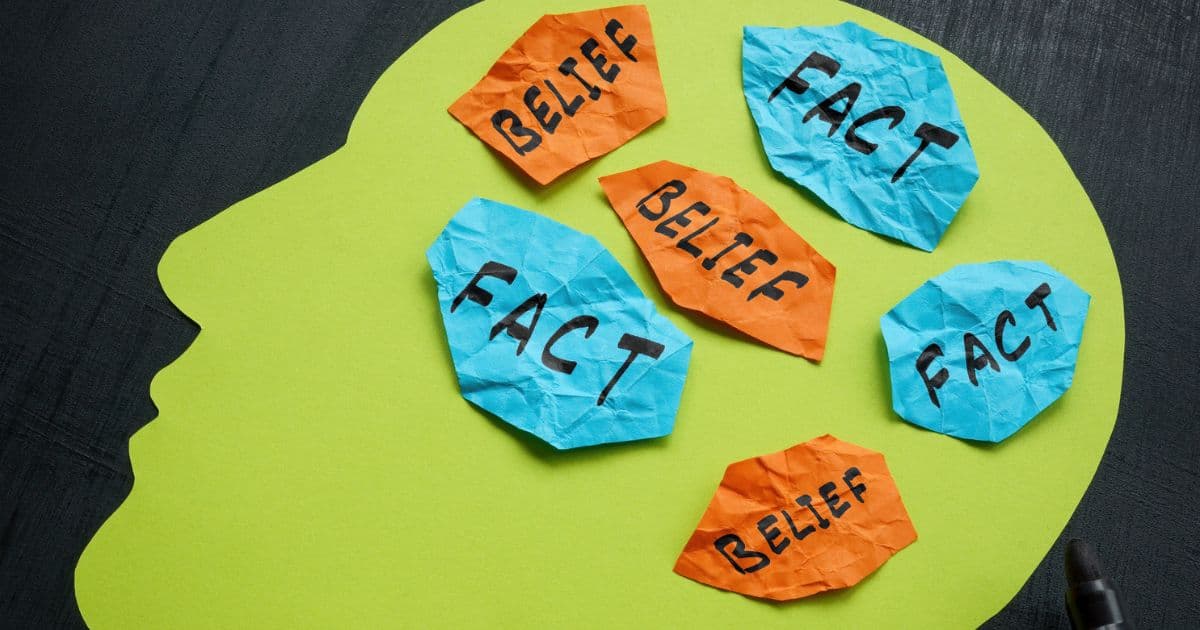 Green paper cutout of a human head with crumpled orange notes labeled belief and blue notes labeled fact